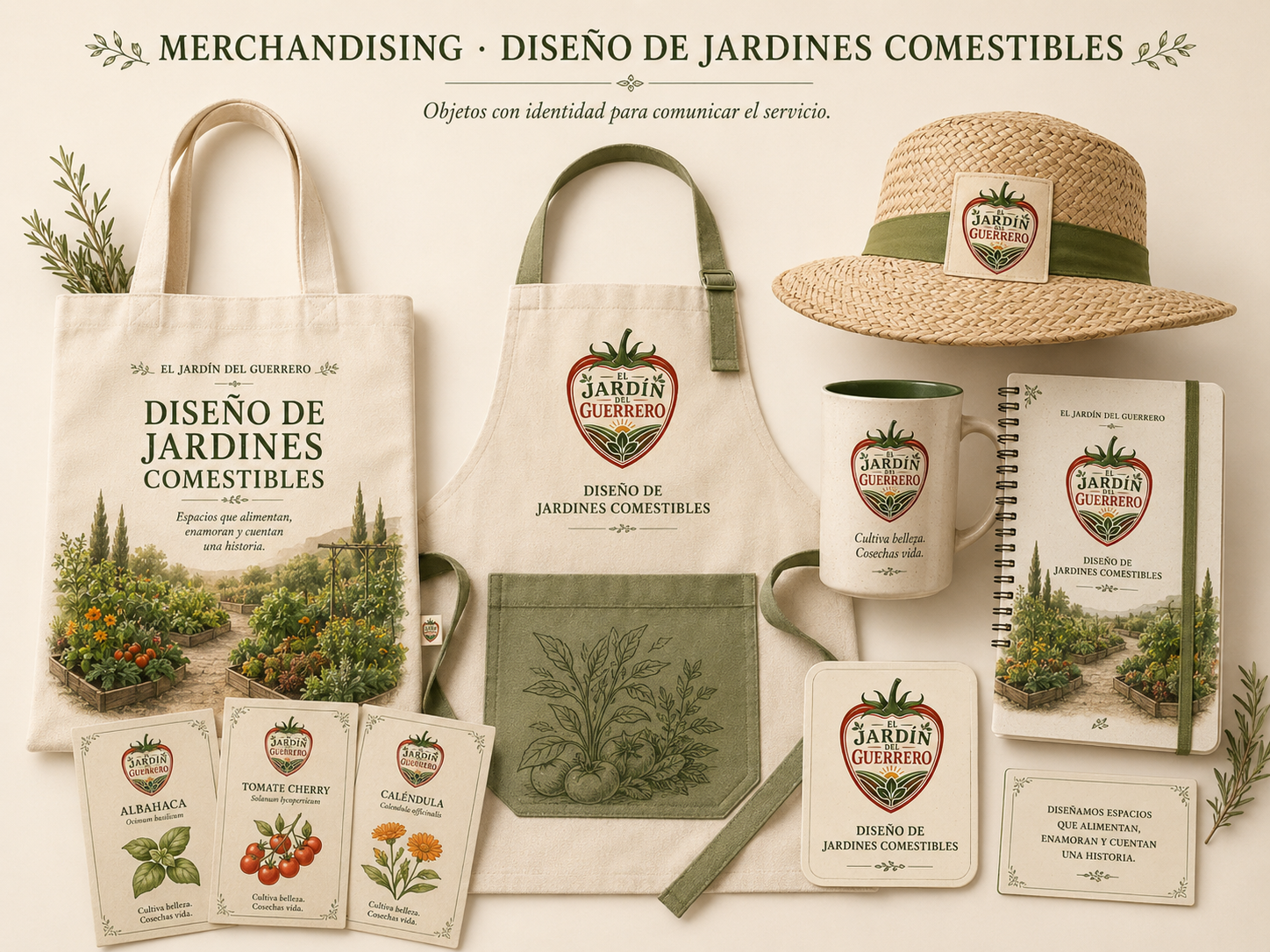 Ideas de merchandising de El Jardín del Guerrero: sombrero, delantal, bolsa, taza, cuaderno y semillas