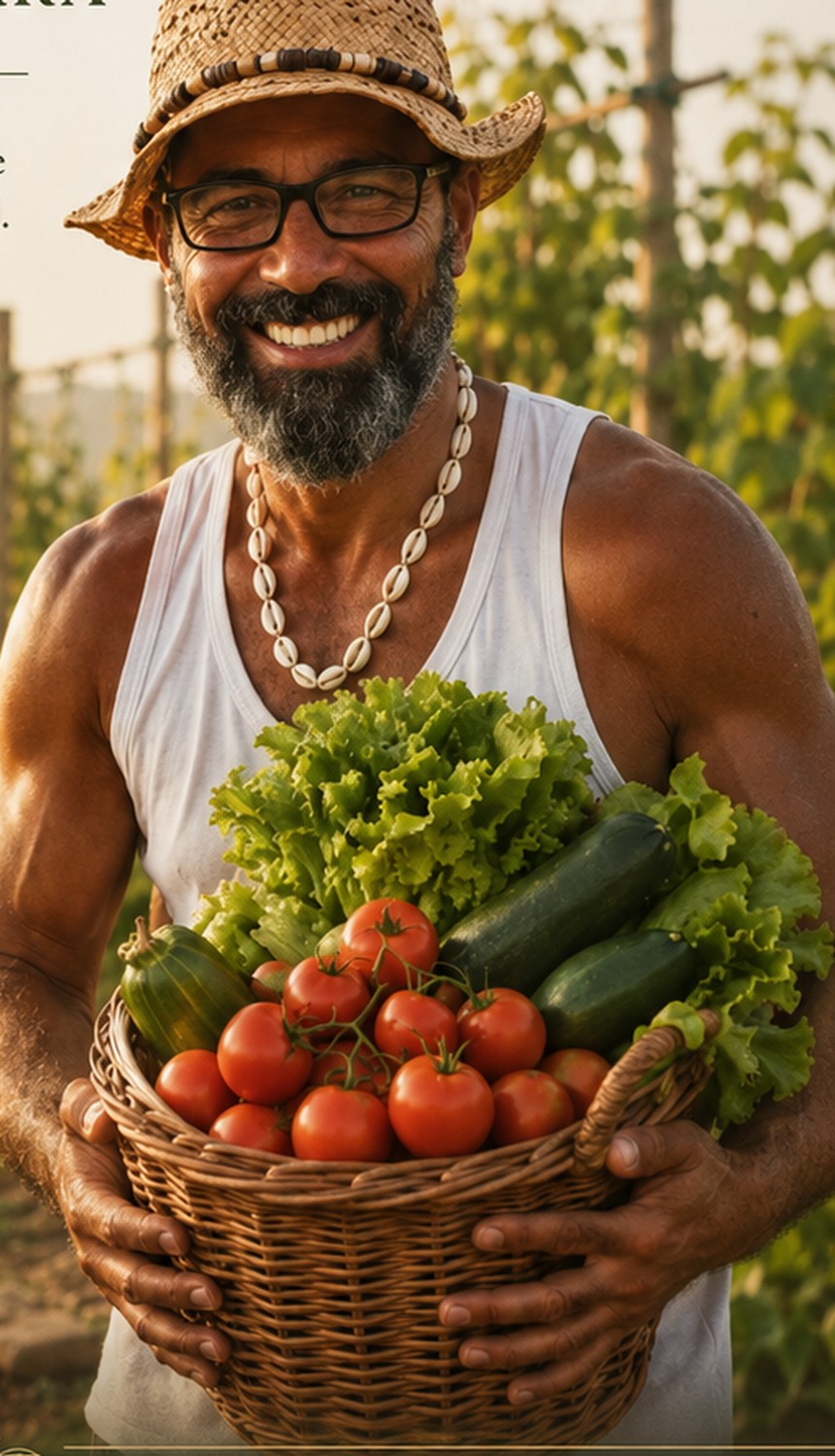 El Guerrero en el huerto con una cesta de verduras